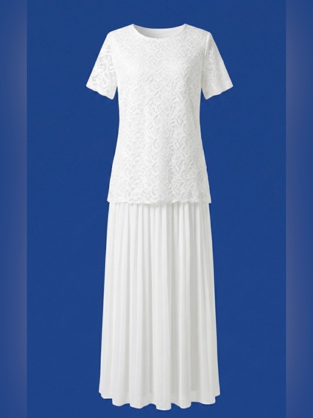 2 Pc White Lace Top & Crinkled Maxi Skirt Set